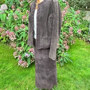 Two Piece Leather Embroidered Jacket and Long Leather Skirt